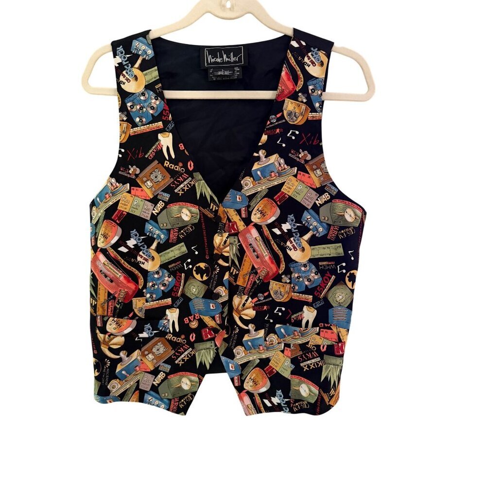 Nicole Miller Womens 90s Novelty Vest Size L Black Silk Radio Broadcasting Print